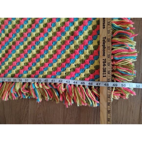 Vintage Handmade Crochet Afghan Blanket Blue Green Pink Yellow Neon 68”x 51" - Picture 6 of 13